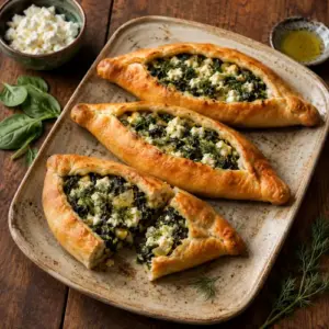 Golden Turkish-style pide filled with wilted spinach, crumbled feta, dill and onion on a rustic wooden table.