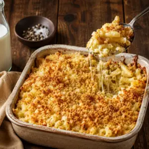 Creamy air fryer macaroni and cheese with melted cheddar and a crisp golden breadcrumb topping, served in a rustic baking dish on a warm brown wooden table.