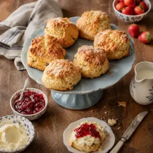 Golden homemade scones with strawberry jam, clotted cream and milk.