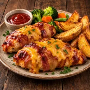 Bacon-wrapped air fryer chicken glazed with barbecue sauce and topped with melted cheddar, served with golden potato wedges, vegetables and tomato sauce on a rustic brown wooden table.