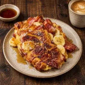 Golden air-fried French toast croissants stuffed with crispy bacon and banana, finished with maple syrup and icing sugar on a warm rustic brown wooden table.