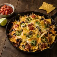 Melted double-cheese nachos with black beans, tomato salsa and jalapeรฑos in a cast-iron skillet, served with lime and fresh salsa on a rustic wooden table.