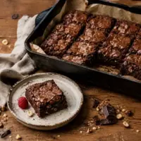Fudgy dark chocolate brownies with hazelnuts and a crackly top.