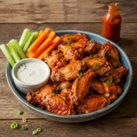 Crispy buffalo chicken wings with ranch dressing, celery, carrots and hot sauce on a rustic wooden table.
