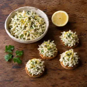 Creamy celeriac remoulade with capers, parsley and lemon served on crisp canapé bases.
