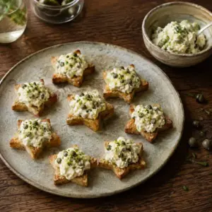 Star-shaped toasts topped with cream cheese, capers, celery, parsley and chives.