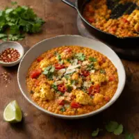 Creamy coconut dahl with roasted cauliflower, red lentils, tomato, coriander, toasted coconut and chilli.
