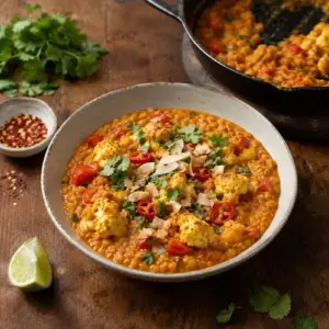 Creamy coconut dahl with roasted cauliflower, red lentils, tomato, coriander, toasted coconut and chilli.