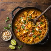 Homemade coconut dhal with cauliflower, red lentils, tomato, toasted coconut, coriander and chilli.
