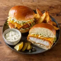 Two crispy fish burgers with melted cheese, lettuce and tartare sauce, served with potato wedges, lemon, gherkins and capers on a rustic wooden table.