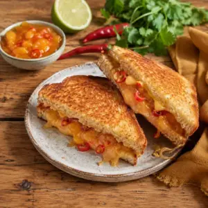 Golden toasties with melted cheddar, sweet mango chutney and red chilli.
