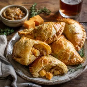 Golden cheese and onion pasties with a creamy potato filling, caramelised onions and cheddar.