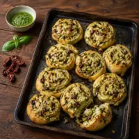 Golden pesto cheese scrolls with sun-dried tomatoes and fresh basil.