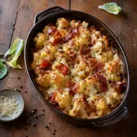 Roasted cauliflower with melted cheese, crisp prosciutto and cracked black pepper in a rustic baking dish.