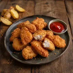 Homemade crispy chicken nuggets with ketchup and potato wedges on a dark ceramic plate over a rustic wooden table.