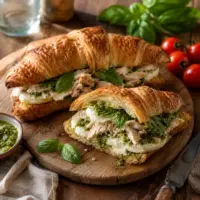 Buttery croissants filled with shredded chicken, pesto, mozzarella and fresh basil.