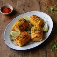 Air-fried corn on the cob with smoked paprika, parsley and lime wedges.