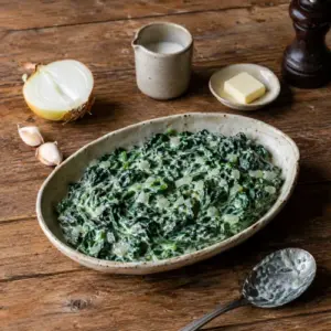 Creamy garlic spinach with onion in a smooth dairy-free sauce