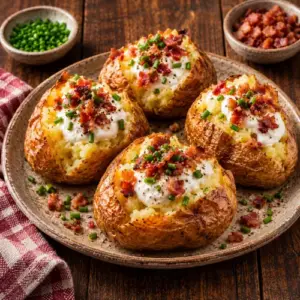 Crispy air fryer jacket potatoes with fluffy centres, topped with sour cream, crispy bacon and fresh chives, served on a rustic brown wooden table.