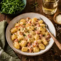 Creamy cheese and ham gnocchi with golden melted cheese and fresh herbs, served on a rustic wooden table.