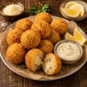 Crispy golden air fryer risotto balls with Parmesan and melted mozzarella, served with mayonnaise and lemon wedges on a rustic brown wooden table.