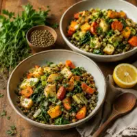 Green lentils with roasted root vegetables, spinach, leeks and fresh herbs.