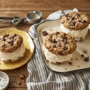 Chewy chocolate chunk cookies filled with creamy vanilla ice cream.