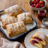 Golden puff pastry pockets filled with vanilla custard and berry jam.