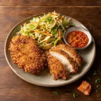 Crispy panko chicken schnitzels served with kimchi sauce and crunchy cabbage slaw.
