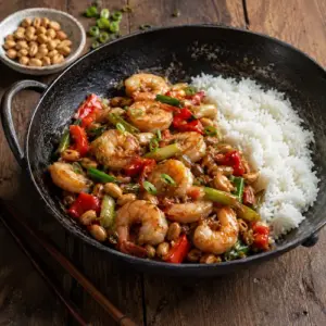 Kung Pao-style prawns with roasted peanuts, red pepper, spring onion and rice, served in a black wok on a rustic wooden table.