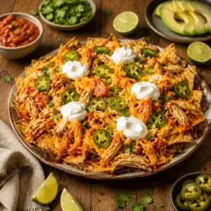 Crispy tortilla chips with shredded chicken, melted cheddar, salsa, jalapeรฑos and sour cream.