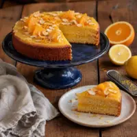 Almond cake with lemon curd, orange zest and toasted flaked almonds.