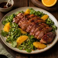 Maple-glazed sliced duck breast served with fresh watercress and orange segments on a rustic ceramic plate.