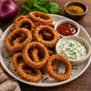 Masala onion rings with crisp golden panko coating and a bowl of mint mayonnaise