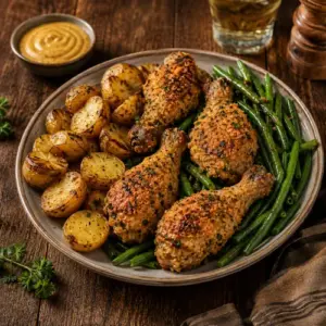 Crispy mustard and Parmesan crumbed chicken drumsticks with golden baby potatoes and green beans, served with mustard sauce on a warm rustic brown wooden table.