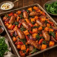 Crispy mustard and Parmesan crumbed chicken drumsticks served with golden baby potatoes and green beans on a warm rustic brown wooden table.