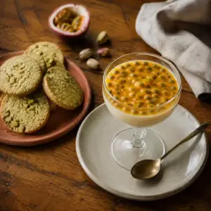 Creamy passionfruit posset topped with fresh pulp and served with pistachio biscuits.