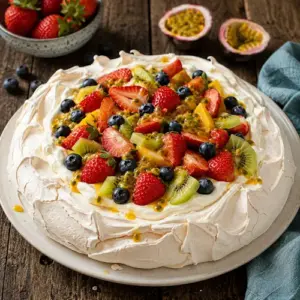 Crisp homemade pavlova topped with whipped cream, fresh strawberries, blueberries, kiwi and passion fruit on a rustic wooden table.