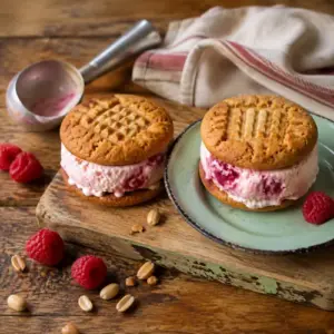 Peanut butter cookies filled with creamy raspberry ripple ice cream.