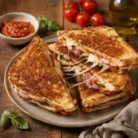 Golden toasted sandwiches with tomato pesto, red onion, basil and melted mozzarella.