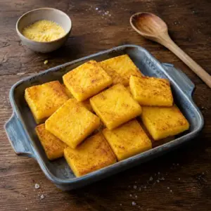 Crispy golden polenta squares in a rustic ceramic baking dish.