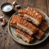 Crispy air-fried pork belly with crackling, garlic and sea salt.