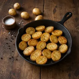 Golden air-fried baby potato halves with sea salt and black pepper in a cast-iron skillet.