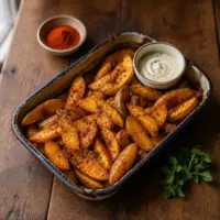 Crispy smoked-paprika potato wedges with creamy dipping sauce.