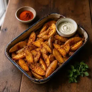 Crispy smoked-paprika potato wedges with creamy dipping sauce.
