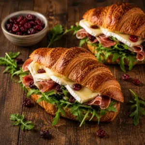 Golden croissants filled with prosciutto, melted Brie, cranberry and fresh rocket, served on a warm rustic brown wooden table.