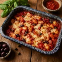 Baked puttanesca gnocchi with tomato sauce, mozzarella, olives and capers in a speckled blue ceramic casserole dish.