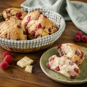 Golden scones packed with raspberries and melting white chocolate.