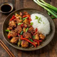 Crisp salt-and-pepper chicken with red pepper, spring onion and chilli, served with rice and soy sauce on a rustic wooden table.