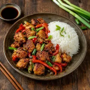 Crisp salt-and-pepper chicken with red pepper, spring onion and chilli, served with rice and soy sauce on a rustic wooden table.